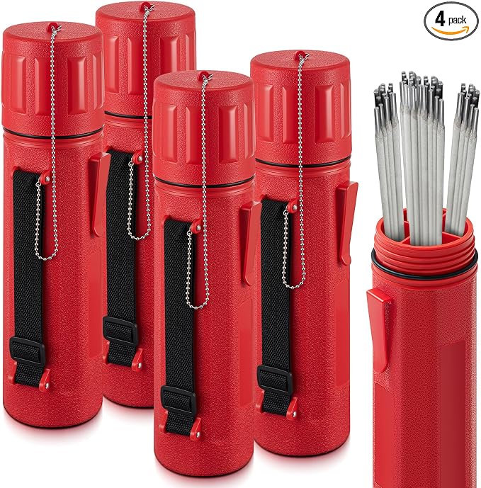 Zonon 4 Pcs Welding Rod Storage Tube 3" x 14" Welding Rod Holder Electrode Storage Container Airproof Waterproof with Adjustable Shoulder Strap, Compartment and Cover for Canister (Red)