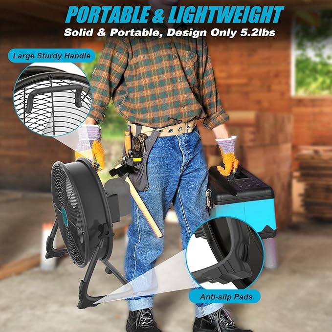 12" Battery Operated Floor Fan Compatible with Makita 18V Battery, Portable Fan with AC Adapter and USB Output, Metal Industrial High Velocity, Stepless Speed Cordless Fan for Jobsite Garage Camping