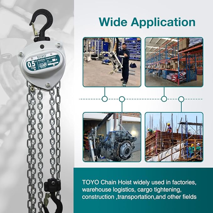 TOYO Chain Hoist 1100Lb,10ft Manual Chain Block Hoist 0.5ton Chain Fall 3M Come Along Hand Chain Hoist 2 Heavy Duty Hooks Industrial Grade Steel for Warehouse Automotive Construction Building