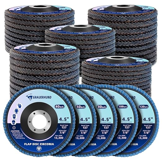 50 Pack Flap Discs 4 1/2" x 7/8" for Angle Grinder, 40/60/80/100/120 Grit T29 Flap Sanding Discs, 4 1/2 Inch Grinding Wheels, Zirconia Grinding Discs for Metal, Wood, and Stainless Steel Finishing