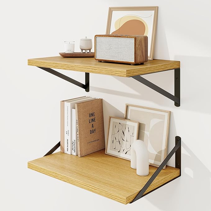 Floating Shelves 12 Inch Deep, 16W x 12D Wall Shelf Set of 2, 35 lbs Heavy Duty Reversible Metal Brackets, Deep Industrial Book Shelf for Living Room Kitchen Bath Bedroom Coffee Bar, Oak
