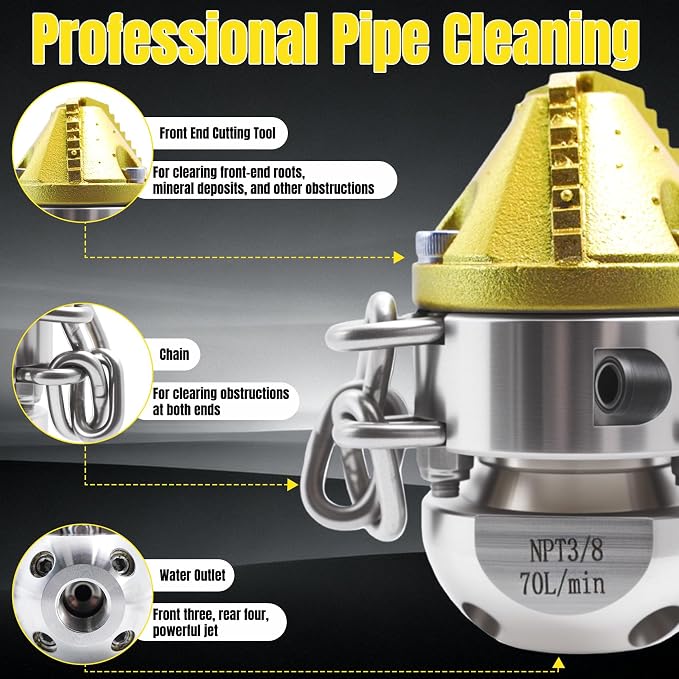 3/8 NPT Sewer Jetter Rotating Nozzle Root, 70L/Min High Pressure Cleaning Tool (with Detachable Chain), 360° Rotating, Suitable for Home Drains, Commercial Pipes, Industrial Pipes