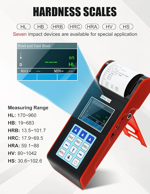 Digital Hardness Tester Metal Hardness Meter Built-in Printer 7-in-1 Hardness Tester with HL, HB, HRB, HRC, HRA, HV, HS Systems Portable Hardness Tester for Aluminum Alloy, Brass (Model AMT212)