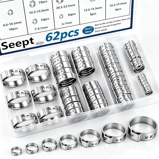 62Pcs 7 Sizes 304 Stainless Steel Single Ear Hose Clamps 6-23.5mm Crimp Hose Clamps Assortment Kit Perfect for Automotive/Home Appliance/Water Pipe and Fuel Line