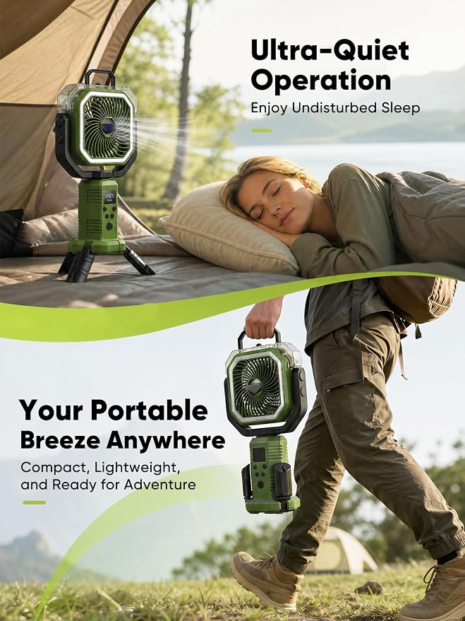 Portable Misting Fan, Rechargeable Camping Fan with 400ml Tank, 20000mAh Battery, Remote Control, LED Light, 4 Speeds, Oscillating Outdoor Fan for Tent, Patio, Beach, RV, Garage, Indoor Outdoor, Green