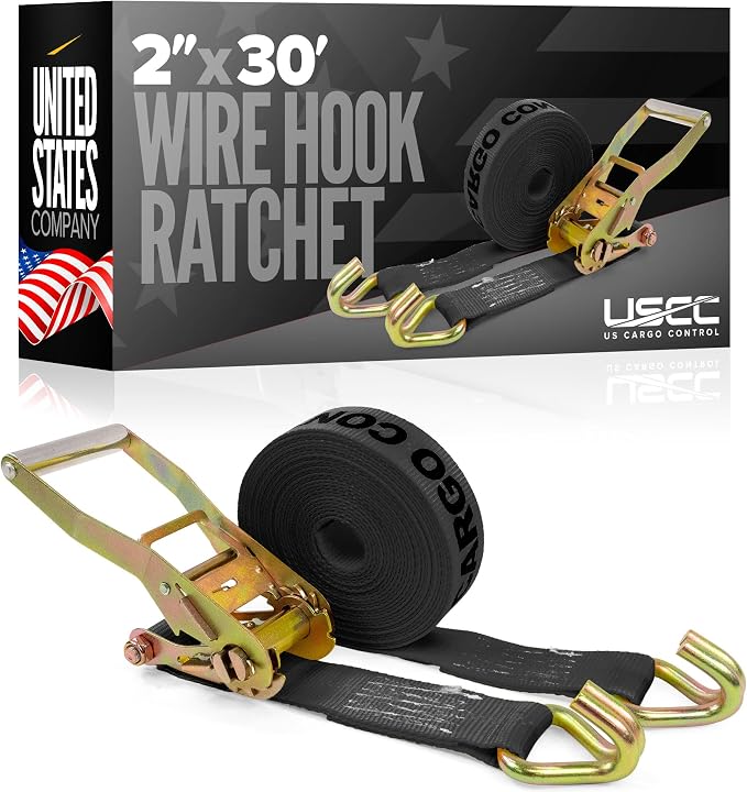 US Cargo Control Wire Hook Ratchet Strap 2 Inch x 30 Foot, 10,000 LBS Break Strength, Ratchet Straps Heavy Duty with Double J Hooks, Black Cargo Tie Downs for Flatbed Trailers and Trucks