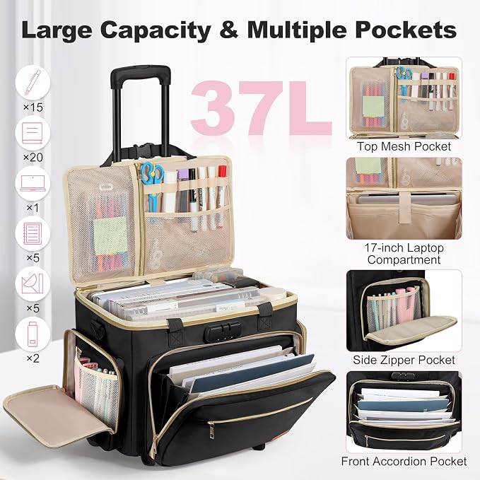 Housolution Rolling Teacher Bag with Wheels, Fits for 17" Laptop, Teacher Tote Bag with Detachable Trolley, Laptop Work Case with Anti Theft Lock, Briefcase Cart with Accordion File Organizer, Black