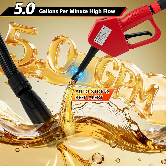 5GPM Fuel Transfer Pump with Auto-Stop & Hand Nozzle, 118'' pumping lift, fit different jug size and depth barrels,no adapters needed,portable gas pump,barrel pump for Gasoline, Diesel, Kerosene