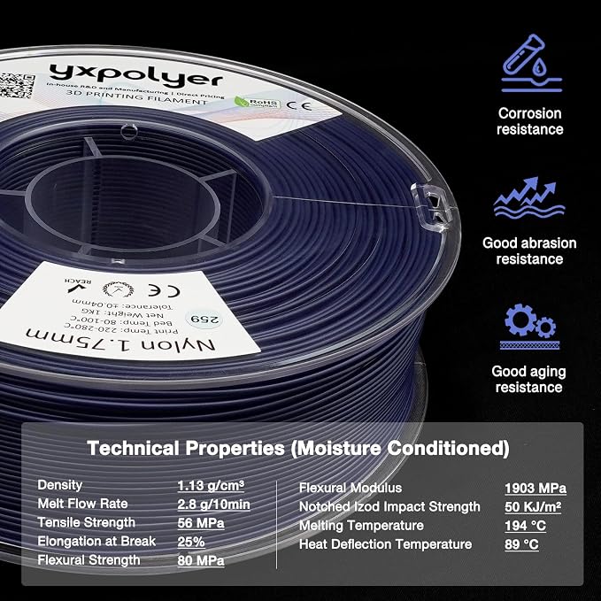 YXPOLYER Nylon Filament PA6 Blue Easy PA 3D Printing Filament 1.75mm 1kg | Easy to Print, AMS Compatible Spool, Engineering-grade, Low Warp, FDM Printers, Pre-dried, High Speed Low Temp Printing