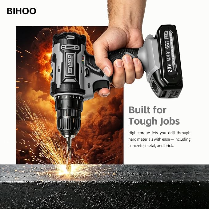 Cordless Drill Set,20V Drill Driver with Battery and Charger,3/8-Inch Keyless Chuck, Variable Speed,with Drills Bits Set,Gray