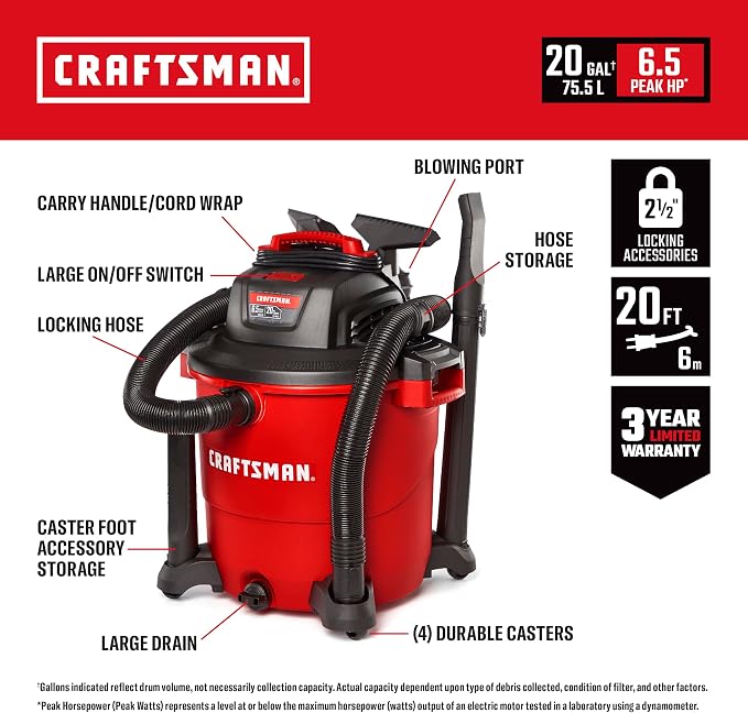 CRAFTSMAN CMXEVBE17596 20 Gallon 6.5 Peak HP Wet Dry Shop Vacuum | Heavy-Duty Wet and Dry Vac with Filter, Dust Bag, Hose and Attachments for Shop, Garage, Jobsite Cleaning