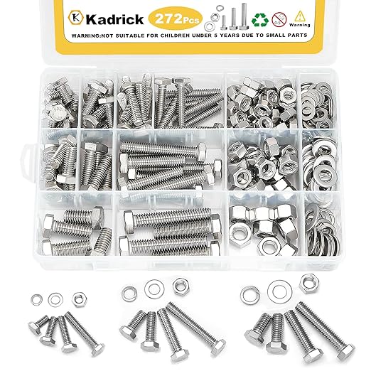 Kadrick 272Pcs 18-8(304) Stainless Steel Hex Bolts Assortment,1/4-20 5/16-18 3/8-16 Heavy Duty Bolts and Nuts Kit, Assorted SAE Bolts Nuts Flat&Lock Washers,Lenth Form 1/2''-2''