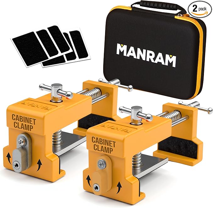 MANRAM Cabinet Clamps 2 Pack A Great Gift for Dad, Heavy Duty Cast Steel Face Frame Alignment Tool with Integrated Drill Guide, EVA Protective Pads and Carrying Case for Cabinet Installation