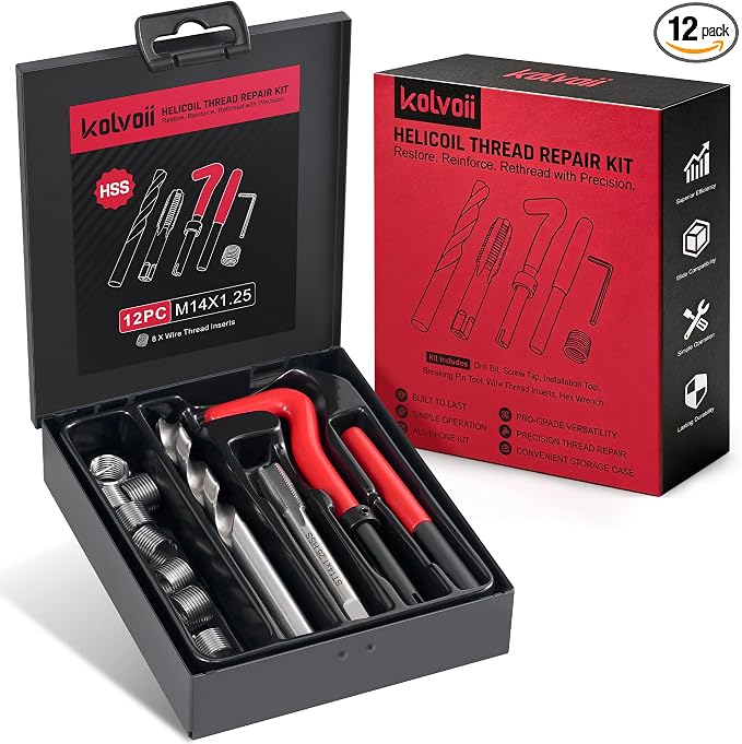 Kolvoii M14×1.25 Helicoil Thread Repair Kit for Spark Plug, Metric M14 Helicoil kit with HSS Drill Bit, Tap & Stainless Steel Inserts for Cylinder Head Engine Spark Plug Stripped Hole Repair
