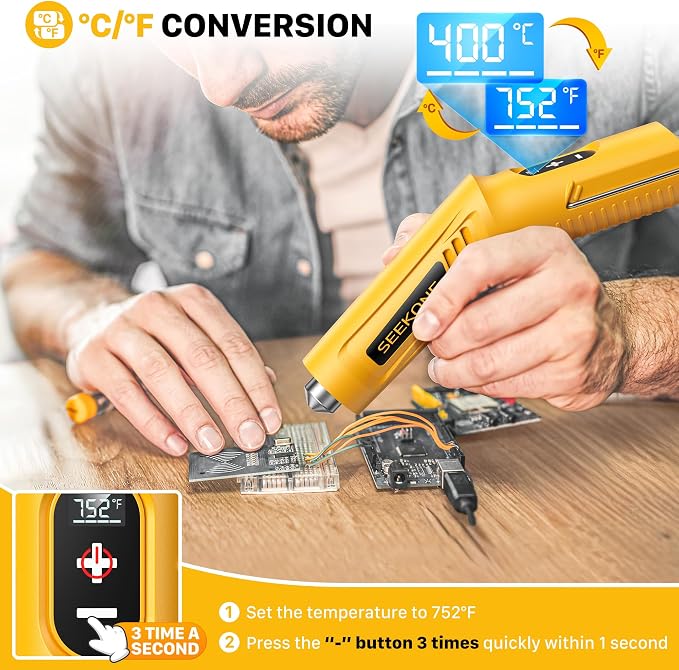 SEEKONE Mini Cordless Heat Gun with 4-Temp Settings (Up to 752°F) and Memory Function, USB Rechargeable Hot Air Gun, Fast Heating with Reflector Nozzle for Crafting, 3d printing and Shrink Wrapping