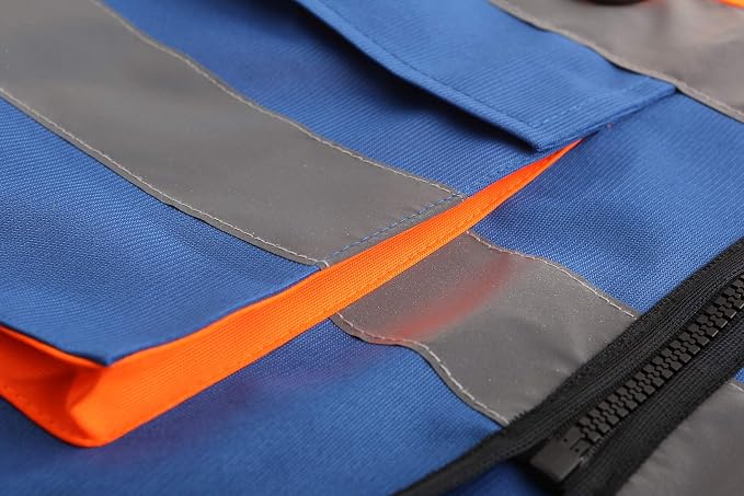 A-SAFETY Hi-Vis Reflective Vest with Multi-Color, Zipper, Orange/Blue, 2XL | Orange/Blue 2XL safety vest with 7 pockets, front zipper and reflective strips for port operations and heavy equipment.