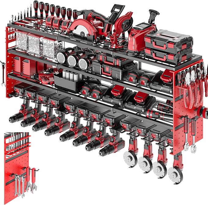 Power Tool Organizer Wall Mount, Cordless Drill Hanger Storage Rack 8 Drill Holder, 4 Layer Heavy Metal Large Capacity Tool Rack for Garage Organization (Red, 12 Drills Holder)
