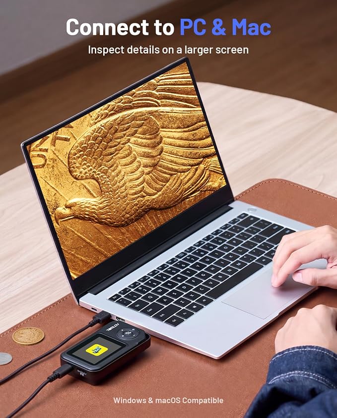 TOMLOV P50 Digital Microscope Handheld: Adjustable Focus Coin Microscope with 2.4" IPS Screen, Trichome Portable Magnifying Glass with Light, Jewelry Loupe for Adults, Windows/Mac Compatible