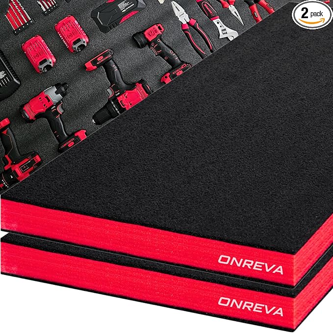 ONREVA Tool Box Foam 48x24x2 inch 2Pack, Foam Inserts for Cases, Polyethylene Storage Sheets for Toolbox Hard Case, Tool Shadow Insert, Kaizen Organizer Sheet, Black with Red