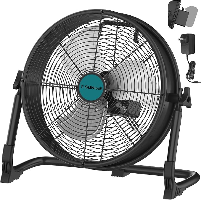 12" Battery Operated Floor Fan Compatible with Makita 18V Battery, Portable Fan with AC Adapter and USB Output, Metal Industrial High Velocity, Stepless Speed Cordless Fan for Jobsite Garage Camping