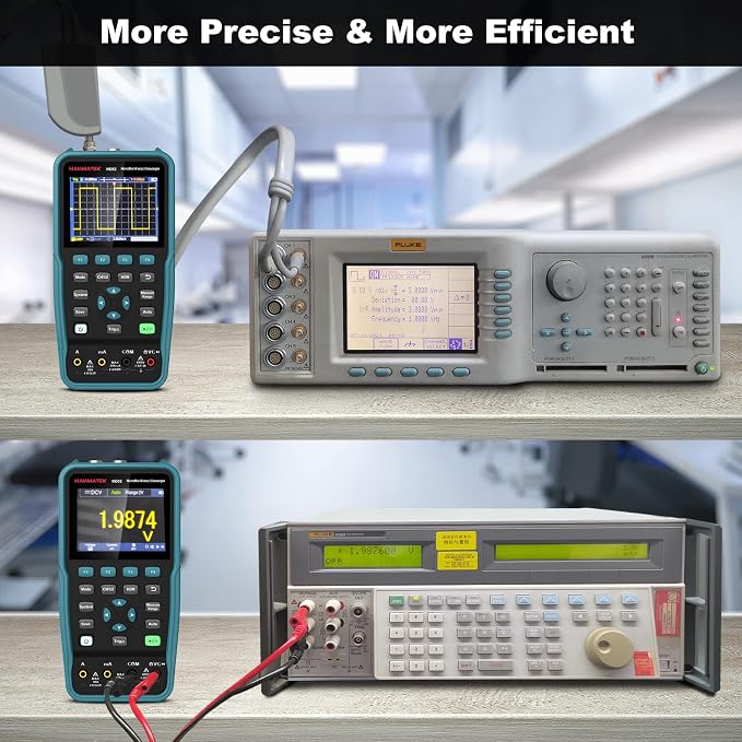HANMATEK Handheld Digital Oscilloscope 50Mhz Bandwidth with 2 Channels HO52 3.5" TFT Mini Oscilloscope, 2 in 1 Oscilloscope and Multimeter, Backlit Screen, Auto-Calibration Function, Memory Function