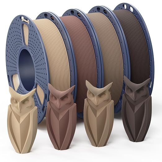 250g Real Wood Fiber PLA Filament 1.75mm Bundle,3D Printer Filament Bundle, Natural Matte Texture, Reduced Clogging, Easy to Print, 250g Spool, 4 Rolls, Walnut, Logs, Cherry, Maple