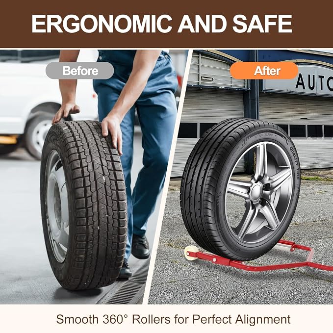 Easy Lift Tire Dolly, Portable Tire Wheel Dolly Truck Tire Dolly for Workshop Garage, Ergonomic Lifting & Installation Tool for Tire Shops 275 LBS Capacity（Red）