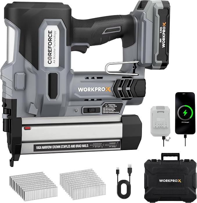 WORKPROX 20V Cordless Brad Nailer Kit, 18 Gauge 2-in-1 Nail & Staple Gun with 2.0Ah Rechargeable Battery, 1000 Staples & 1000 Nails, for Woodworking, Upholstery, DIY Projects & Home Improvement