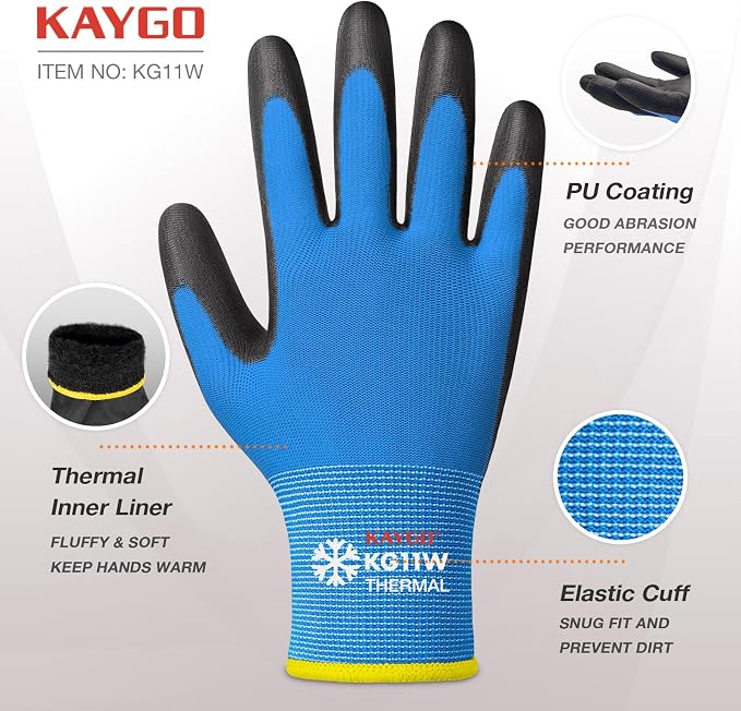 KAYGO High Visibility Reflective Vest with Pockets KG0100(M,Blue) and 12 Pairs Red Winter Thermal Insulated Safety Work Gloves PU Coated(M, Blue), Ideal for Freezer Work