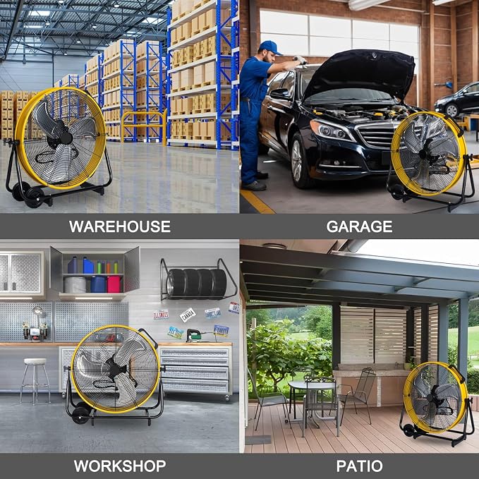 hykolity 24 inch 8100 CFM High Velocity Industrial Drum Fan, 3-Speed Heavy Duty Metal Shop Fan for Warehouse, Garage, Workshops, Factory, UL Listed, Yellow