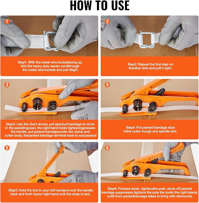 VEVOR Banding Strapping Kit with Strapping Tensioner Tool, 328 ft Length Woven Strapping Cord Band, 100 Metal Seals, Pallet Packaging Strapping Banding Kit, Banding Packaging Strapping for Packing