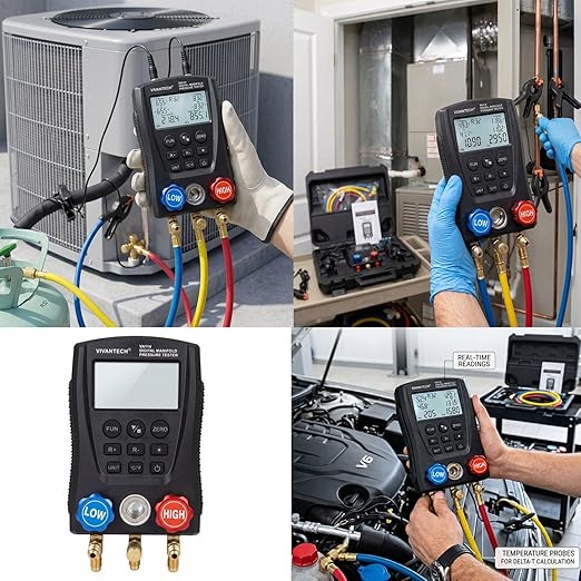 Digital Manifold Gauge Set – HVAC Refrigerant Pressure & Temp Tester, Dual-Port Diagnostic Tool with 112 Refrigerant Profiles, Leak Test, Data Hold & Superheat Subcooling, 3000 PSI Hoses
