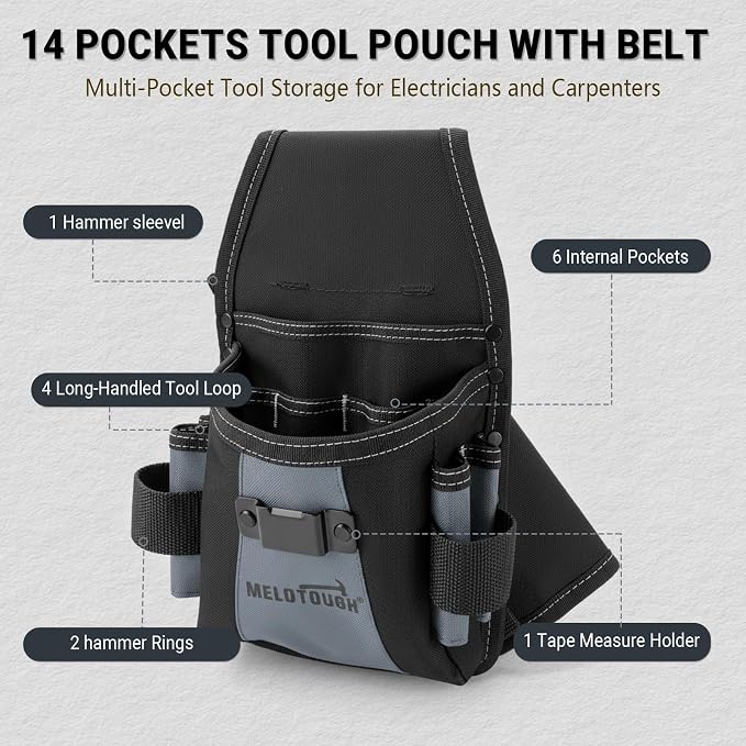 MELOTOUGH Electrician Tool Pouch,Small Tool Belt Pouch,Coiled Lanyard,Hard Hat Lanyard with Clamp End