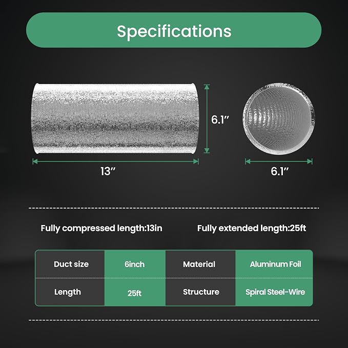 Flexible 6-Inch Aluminum Ducting, Dryer Vent Hose, Heavy-Duty Three-Layer Protection, 25-Feet Long for Heating Cooling Ventilation & Exhaust, Silver
