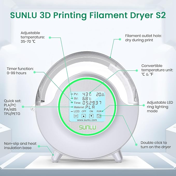 SUNLU S2 Filament Dryer, White | Touchscreen Control,70℃ Max Temperature,Dehydrator and Storage Box,For Nylon TPU PLA PETG ABS, 1.75/2.85/3.00mm