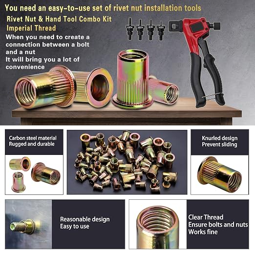 Imperial Pressure Rivet Nut Tool Kit, 500PCS (1/4-20,10-24,8-32,6-32) inch Rivet Nut, Suitable for Furniture, Decoration, Automotive, Marine and Industrial Applications