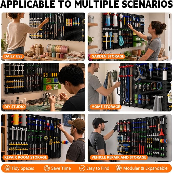 Plastic Pegboard Wall Organizer Kit, 6 Black Panels 36" x 16", 200 Accessories with Hooks, Clips & Holders, Modular Tool Storage Board for Garage, Workbench, Craft Room, Home Repair