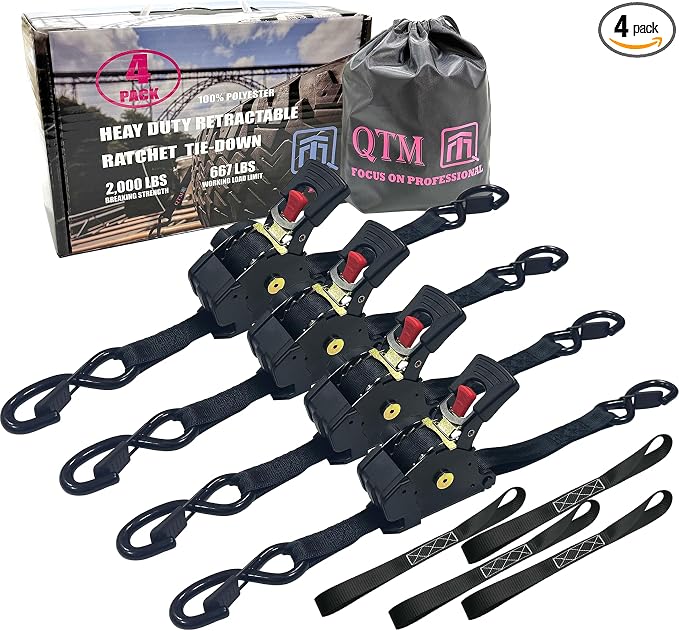 QTM 4-Pack Black Retractable Ratchet Straps 1" x10' with Soft Loops, Heavy Duty, 2,000lbs Breaking Strength, with Storage Bag, Best for Cargo, Truck, Bicycle, Motorcycle