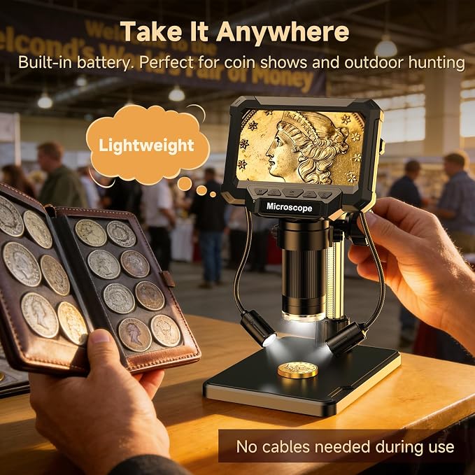4.3" Coin Microscope for Error Coins (Detail View Only), 1000X Digital LCD Magnifier with Anti-Glare Side Lights, 1080P USB PC View (Win/Mac), Rechargeable Scope for Numismatic Grading