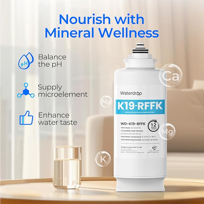 Waterdrop K19RFFK Filter, Replacement for K19-SFK System, 12-Month Lifetime | Added Alkaline Minerals, Long Filter Lifespan, Easy and Quick Filter Replacement, Countertop Reverse Osmosis Filter