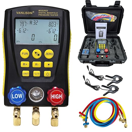 Pro-Grade Digital Manifold Gauge Set – HVAC Gauges AC Refrigerant Diagnostic Tool w/112 Refrigerant Database, Dual Temp & Pressure Sensors, Leak Test, Backlit LCD