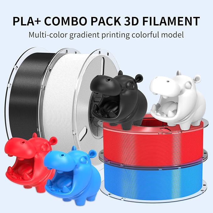 RAMBERY PLA+ 3D Printer Filament Bundle 4KG Toughness Upgraded 1.75MM 3D Printing Filament Fit Most FDM Printers，Black/White/Blue/Red，1KG X 4 Spools