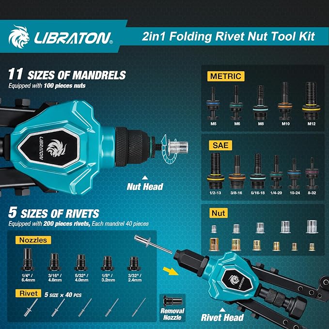 LIBRATON 2in1 Rivet Nut Tool and Rivet Gun Kit Folding, with 11 Mandrels (Metric & SAE) & 5 Nose Pieces (2.4-6.4mm), Includes 100 Nuts & 200 Pop Rivets, Folding Heavy Duty Hand Tool for DIY & Repair