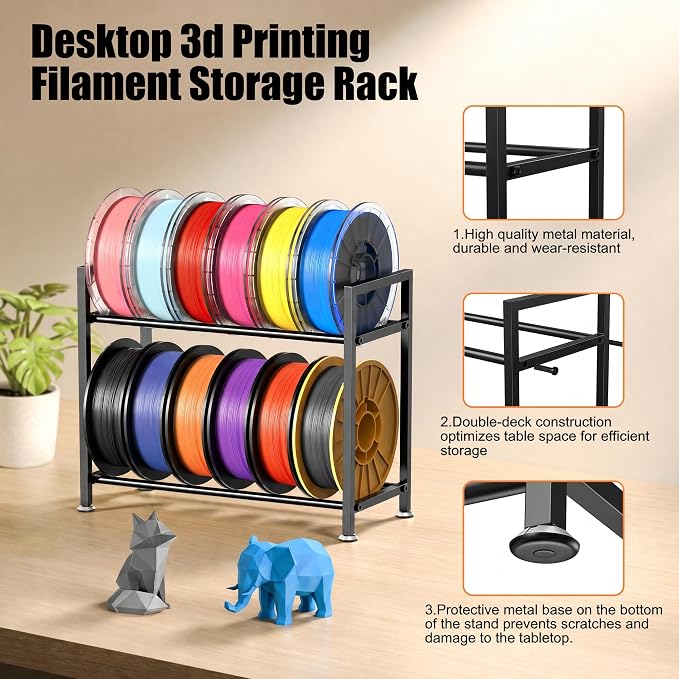 3D Printer Filament Rack Desktop, 2-Tier Metal Spool Holder Organizer | Heavy Duty 3D Filament Storage Rack for 3D Printing PLA/ABS/TPU Filaments, for Home, Office, Workshop, Studio