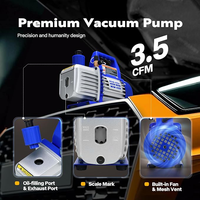 VIVOHOME 110V 1/4 HP 3.5CFM Single Stage Rotary Vane Air Vacuum Pump and AC Manifold Gauge Set Kit with Thermometer for R134a R12 R22 R502 R410a HVAC Air Conditioning Refrigeration Recharging