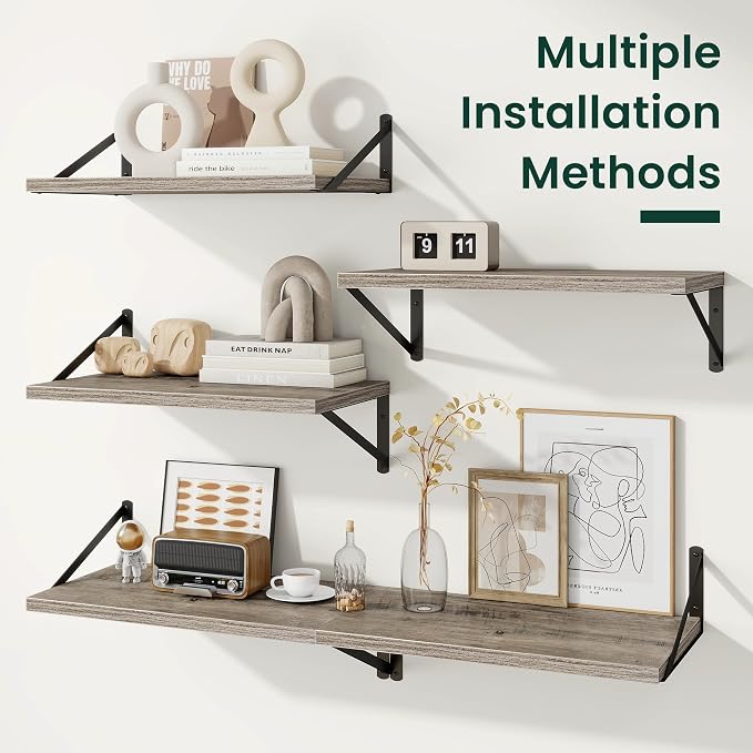 Floating Shelves 12 Inch Deep, 16W x 12D Wall Shelf Set of 2, 35 lbs Heavy Duty Reversible Metal Brackets, Deep Industrial Book Shelf for Living Room Kitchen Bath Bedroom Coffee Bar, Grey