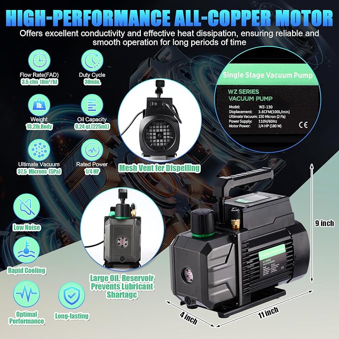 AC Vacuum Pump and Gauge Set kit 3.5CFM 1/4 HP for HVAC R134a R410a R12 R22 Mini Split Manifold Gauge AC Recharge with Leak Detector Tool Can Taps Quick Coupler Adapter Glasses Carry Bag