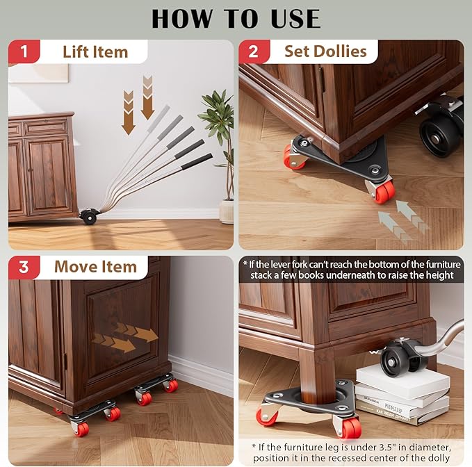 ONEON Heavy Duty Furniture Movers with Wheels Dolly with Auxiliary Lifter, All-New Upgraded Carbon Steel Panels & Dual-Wheeled Casters, Supports up to 1320 lbs (L+Tri)