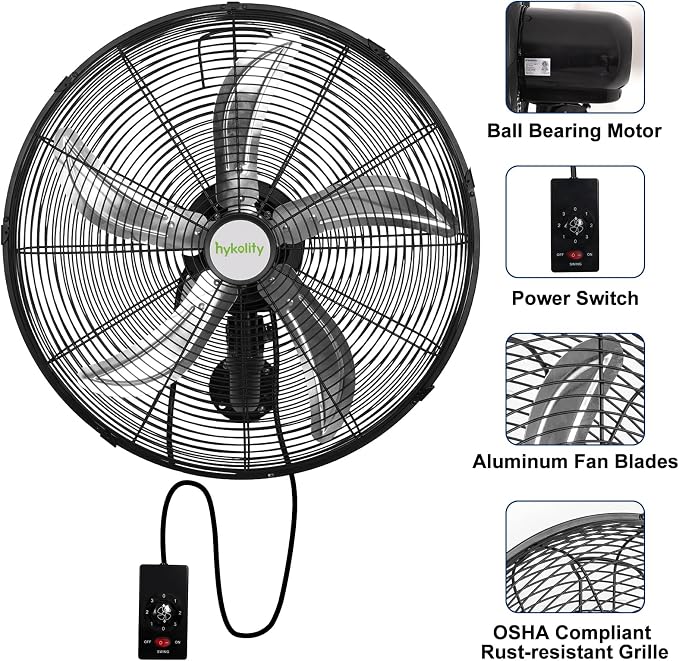 hykolity 20" Oscillating Wall Mount Fan, 5900 CFM High Velocity Wall Mounted Fan with 3 Speeds, Heavy Duty Industrial Wall Fan with Wired Remote for Garage, Commercial and Warehouse