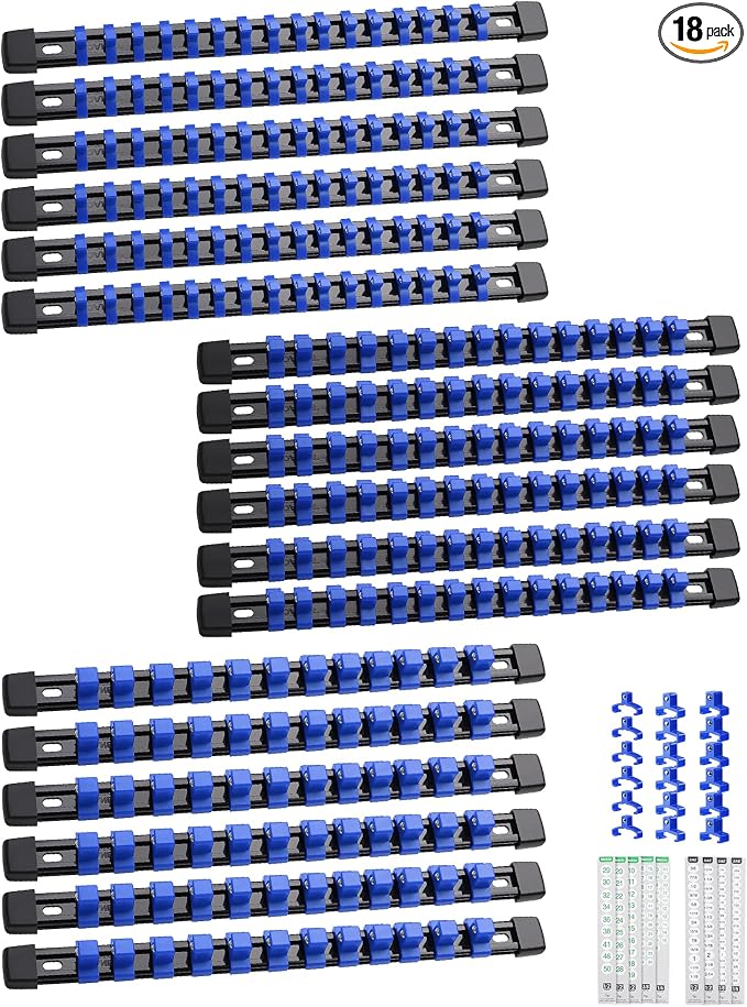 ALOANES 18PC Socket Organizer, Socket Rails Fit 1/2", 1/4" and 3/8" Drive | Heavy Duty ABS Socket Holders Hold up 258 Sockets for Toolbox Drawer Bags(Blue)